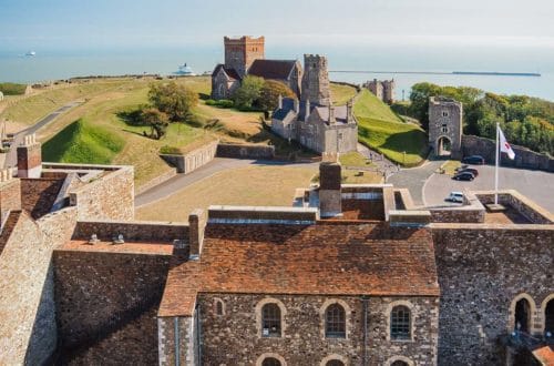 A view from Dover Castle to the Roman Lighthouse and the Atlantic Ocean