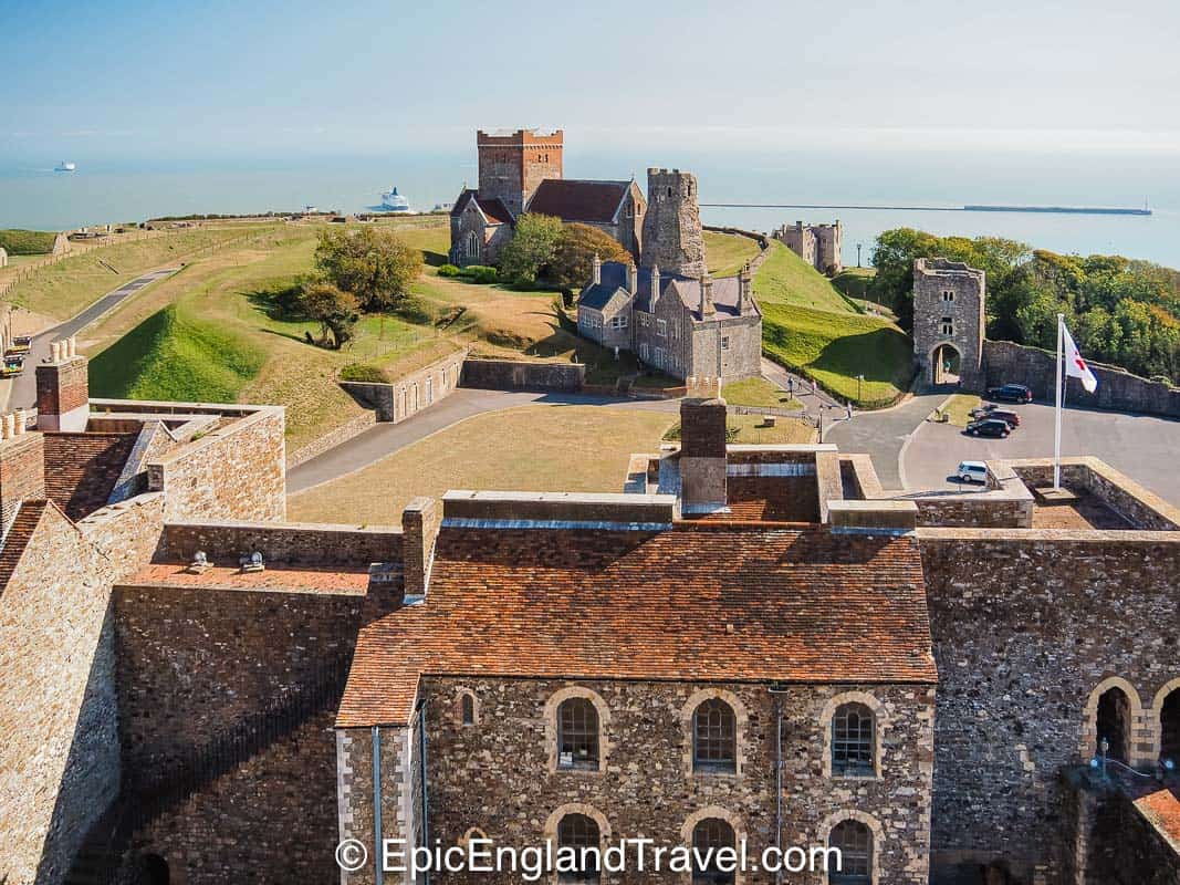 A view from Dover Castle to the Roman Lighthouse and the Atlantic Ocean