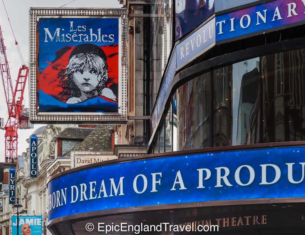 the Les Miserables sign in London theatre land