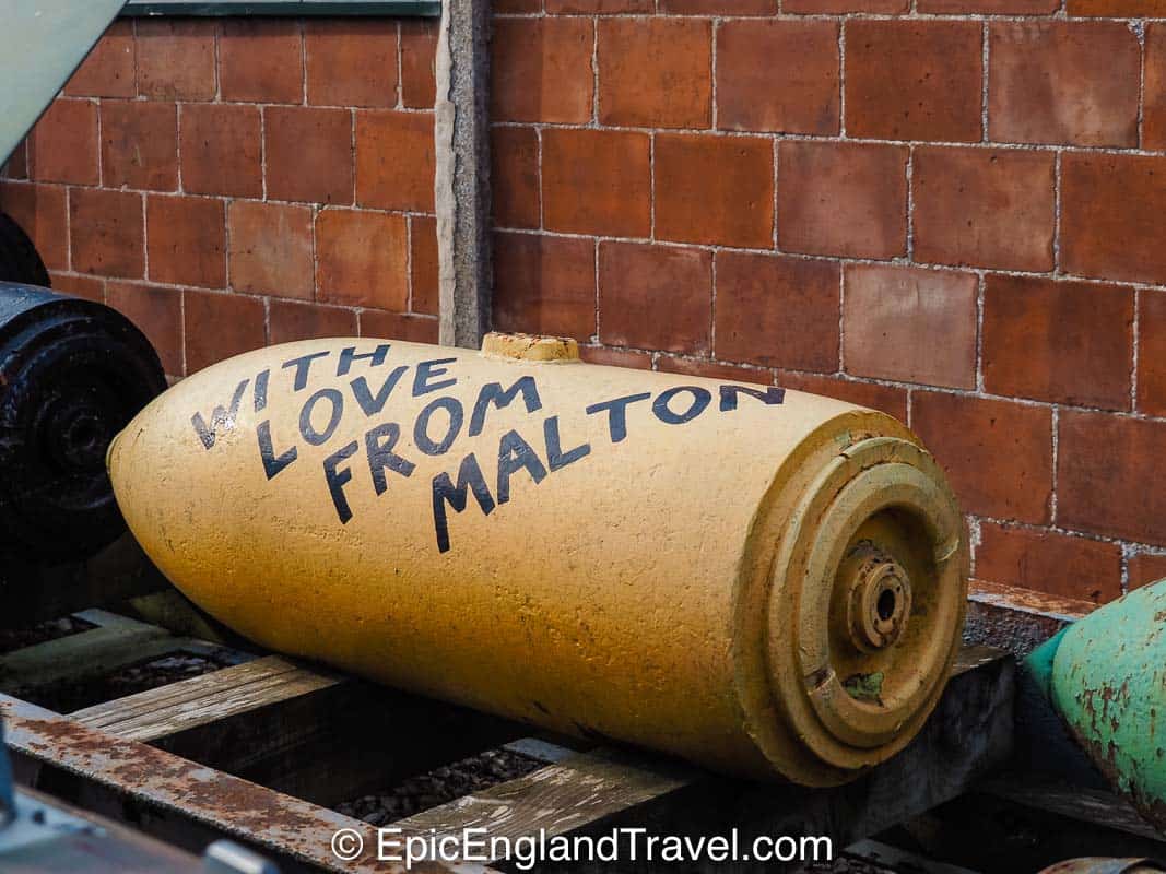 Bomb at Eden Camp marked with the words “with love from Malton"