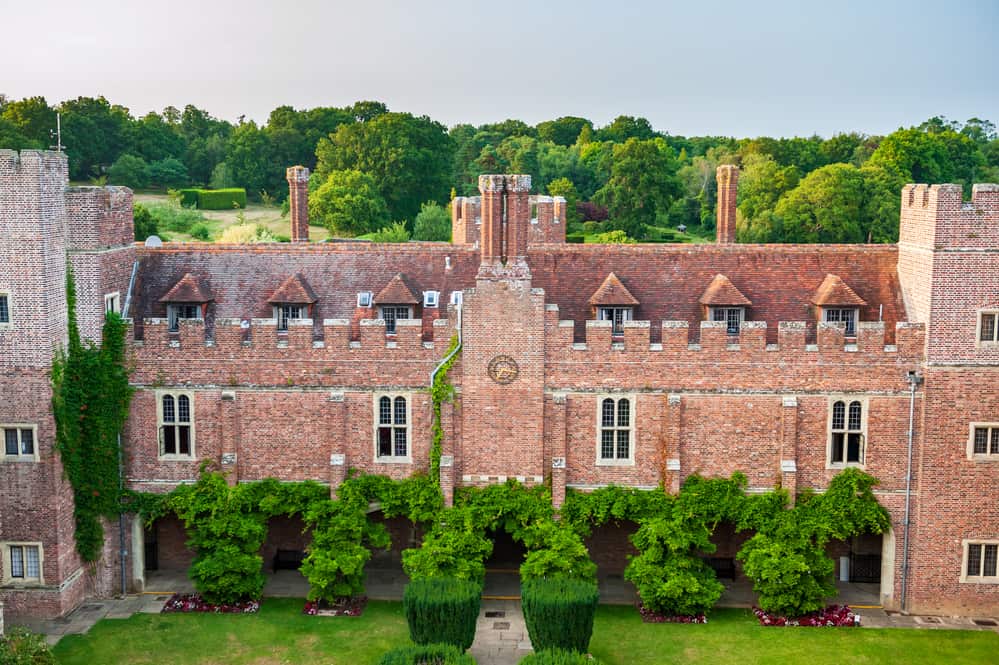 Aerial view of Herstmonceux garden, East Sussex, England. Brick Herstmonceux castle in England (East Sussex) 15th century. 