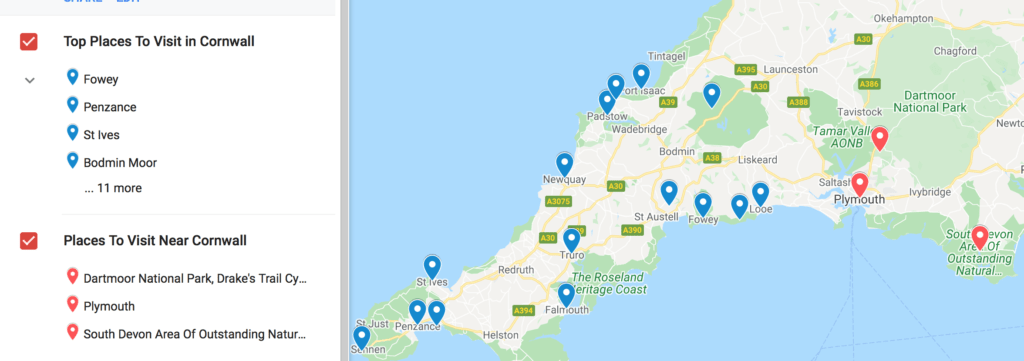 map of the 15 Best Places to Visit in Cornwall and 3 places to visit near Cornwall