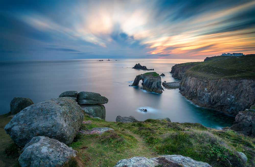 sunset at Lands End in Cornwall looking out towards the Long Ships lighthouse